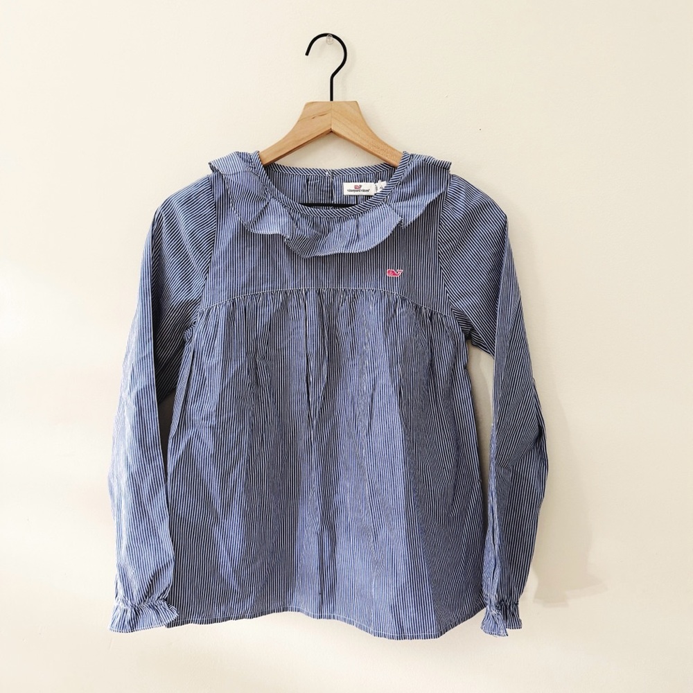 Vineyard Vines Blue Striped Ruffle Trimmed Girls Top Blouse XL